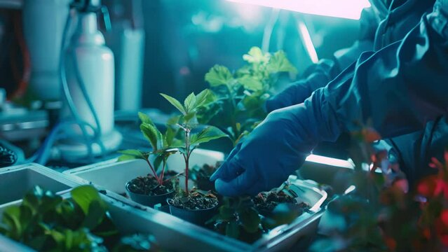 Scientist tending to seedlings in a lab
