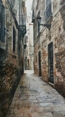 Obraz premium Watercolor paintings of the alleys between old buildings are ancient architecture. Use for phone wallpapers, posters, postcards, brochures.