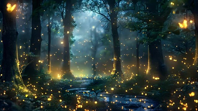 As night fell on the forest the fireflies began their dance their floating lights leaving shimmering trails in their wake.