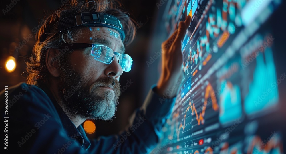 Poster professional trader analyzing financial data on futuristic digital screen with augmented reality gla