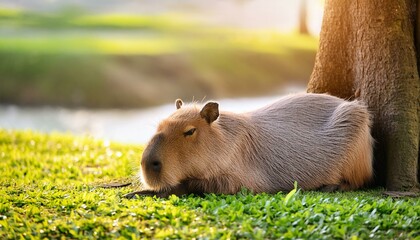 Fototapeta premium cabypara sleeping on grass