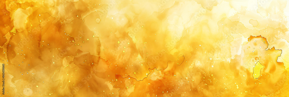 Poster abstract yellow watercolor background with blurred golden shapes and soft texture, creating an elega