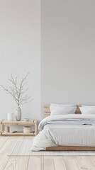 Minimalist bedroom in a luxury property with natural light coming from a window, copy space and minimal ornaments. Residential Real Estate composition in neutral tone.
