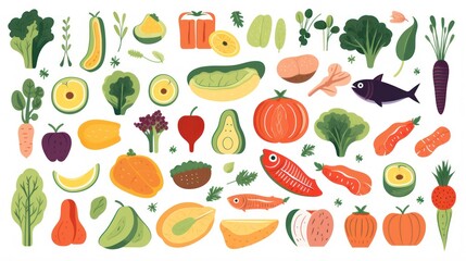 Obraz premium A colorful illustration of various fruits and vegetables, including tomatoes