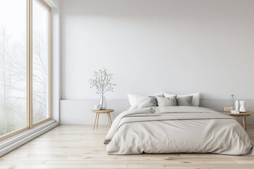 Minimalist bedroom in a luxury property with natural light coming from a window, copy space and minimal ornaments. Residential Real Estate composition in neutral tone.