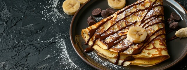  A plate bearing waffles topped with sliced bananas and drizzled chocolate Additional toppings welcome