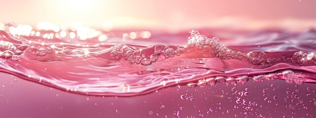  A tight shot of a rosy water wave, sunny backdrop featuring a radiant sun, pink foreground sky