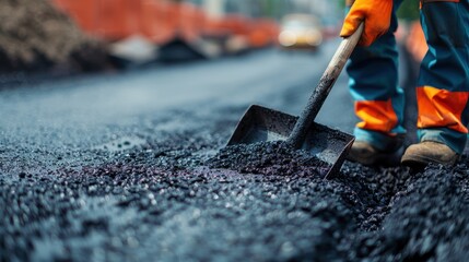 Worker using a shovel to lay asphalt 
