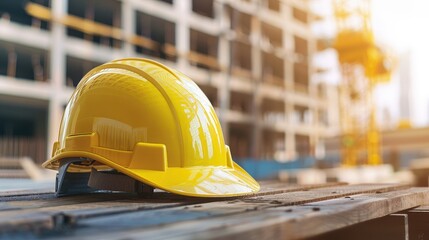 Yellow safety construction helmet on wood table with construction