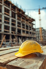 Yellow safety construction helmet on wood table with construction