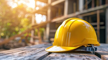 Yellow safety construction helmet on wood table with construction