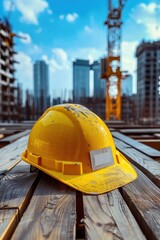 Yellow safety construction helmet on wood table with construction
