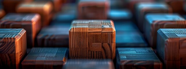  A collection of wooden blocks aligns beside one another atop a stack of blue and brown wood planks
