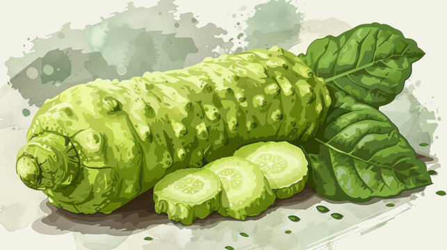 Watercolor illustration of a fresh wasabi root with leaves and sliced pieces, showcasing its vibrant green color.