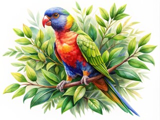Fototapeta premium Vibrant watercolor illustration of a colorful parrot perched on a delicate branch, surrounded by lush green leaves, against a crisp white isolated background.