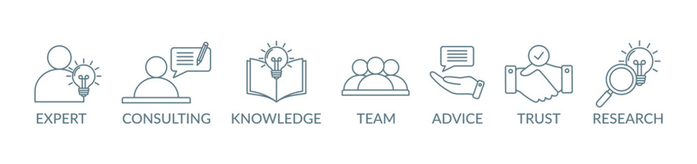 Expertise banner concept illustration with icon expert, consulting, knowledge, team, advice, trust and research