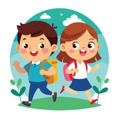 Kids go to school together Cartoon Vector Illustration.