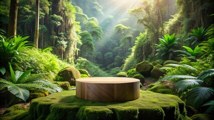 A luxurious forest green wooden podium stands atop a natural rock formation surrounded by lush greenery, amidst a serene jungle background, perfect for showcasing eco-friendly products.