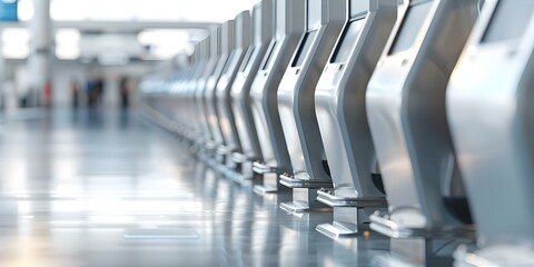 Empty airport checkin desks due to coronavirus pandemic flight suspensions. Concept Air travel disruptions, Empty terminals, Travel restrictions, COVID-19 impact, Airport closures
