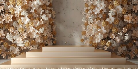 3D rendering of a square stage frame adorned with gold and white flowers. Concept Event Design, Floral Decor, 3D Rendering, Square Stage Frame, Gold and White Flowers
