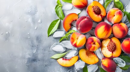 Creative Arrangement of Iced Peach Slices with Fresh Leaves