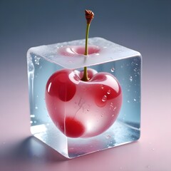 A juicy isolated cherry-red fruit suspended in a solid, transparent ice cube background
