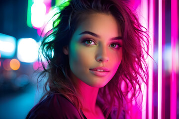 Young woman portrait under neon colored lights