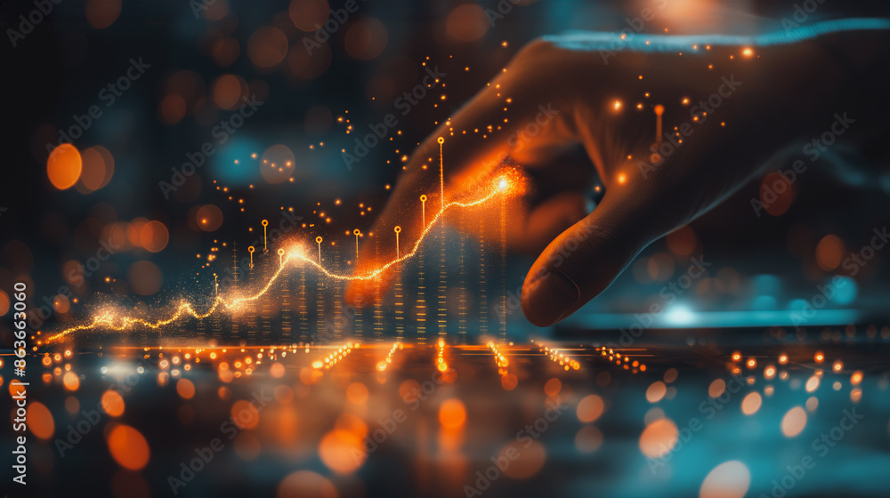 Aufkleber a hand is reaching out to touch a graph that is lit up with orange and blue lights. the graph appear