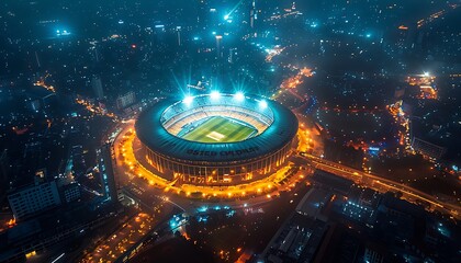 Aerial view of the cricket stadium at night in Shanghai, China