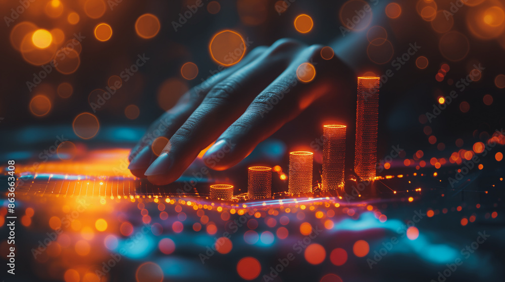 Poster a hand is reaching out to touch a series of glowing bars. the bars are arranged in a way that sugges