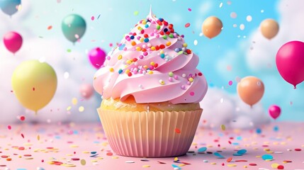 Birthday cupcake with colorful balloons and confetti