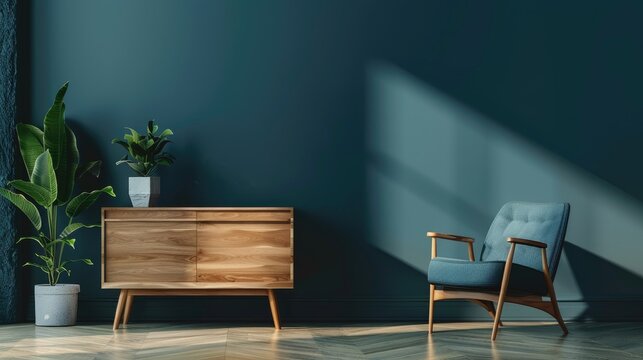 Scandinavian wood cabinet with chair near dark blue wall