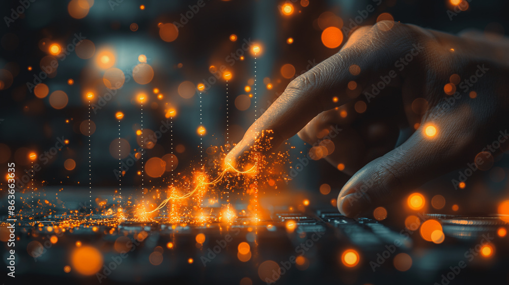 Poster a hand is pointing at a keyboard with a glowing background. concept of technology and modernity, as 