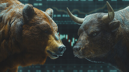 The bear and bull are face to face, indicating a market with mixed sentiments where some investors are optimistic while others are cautious