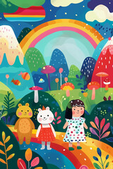 Fototapeta premium Children and animals in the forest,Lively illustrations