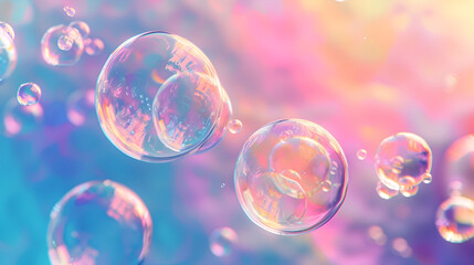 background with colorful and vibrant bubbles, Lots of pink-purple transparent bubbles ,Transparent soap bubbles floating on blue pink gradient background