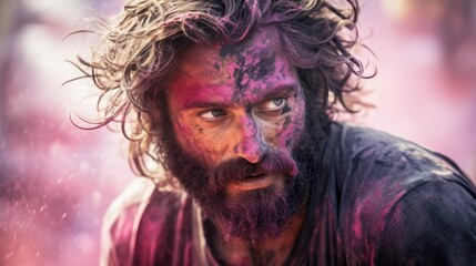 Close-up of a beautiful man playing holi
