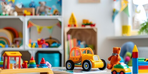 Vibrant childrens room with educational toys books and fun activities for kids. Concept Kids Room Decor, Educational Toys, Interactive Books, Fun Activities, Vibrant Color Palette