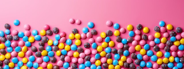  A pink background with a waving pattern of blue, yellow, and pink candies on a pink surface