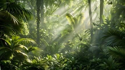 Sunlight streams through a humid rainforest of rainy jungles
