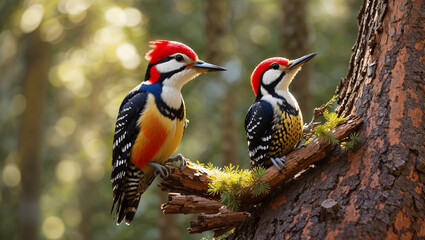 A colorful woodpecker with red,
