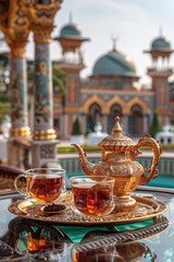 Fototapeta premium Middle Eastern style tea sets and tea drinks in Middle Eastern buildings