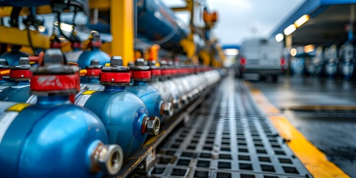 Transport and store LNG cylinders at filling station for refueling vehicles. Concept LNG Cylinders, Filling Station, Refueling Vehicles, Transport, Storage