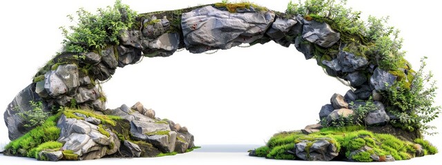  A rock arch adorned with plants and grass; plants sprout from the rocks, while grass emerges between them