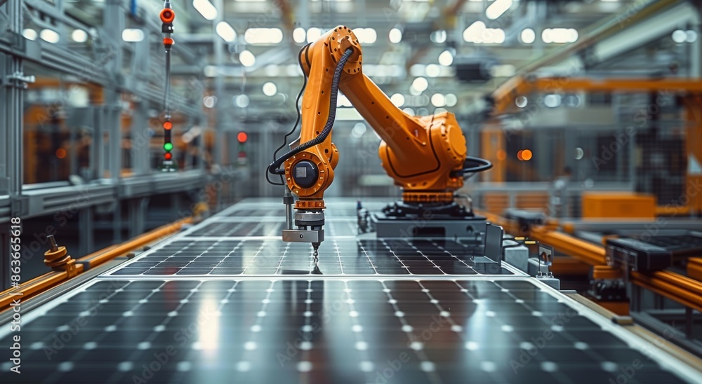 Poster robotic arm working with solar panels in a modern factory setting