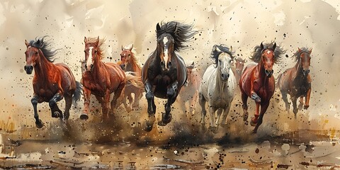 Beautiful horses running gallop on the water, digital painting.