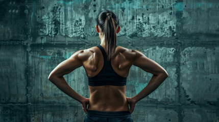 Fototapeta premium A woman with a black tank top and ponytail is standing in front of a wall