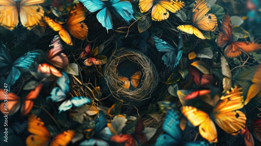 Poster an empty cocoon surrounded by vibrant butterflies, representing the concept of transformation and me