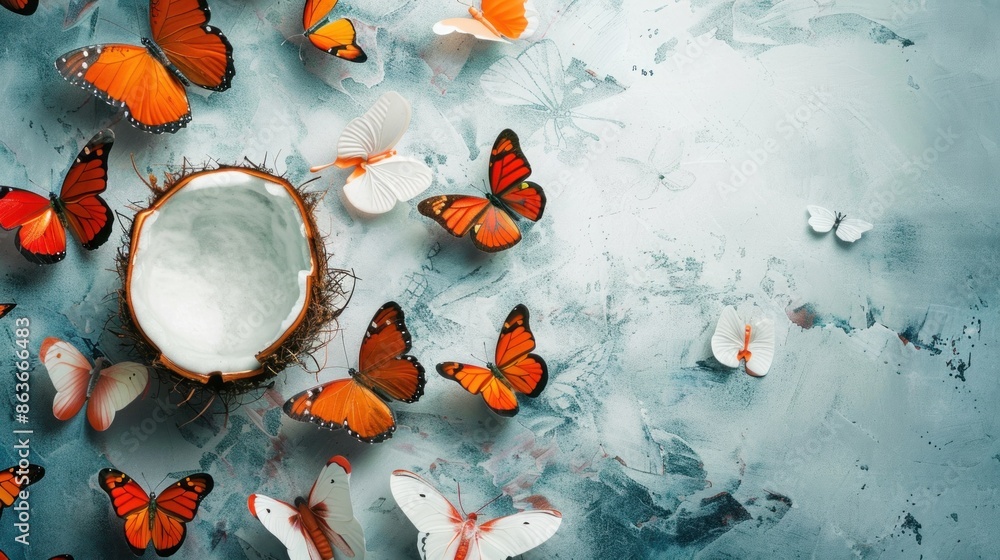 Poster an empty cocoon surrounded by vibrant butterflies, representing the concept of transformation and me