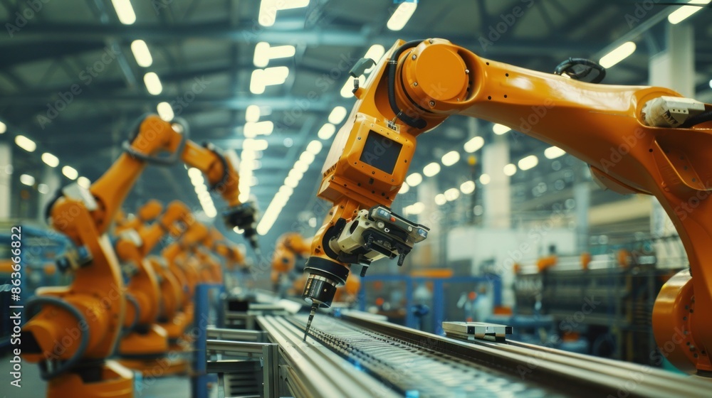 Poster a skilled technical worker man operating robotic arms in an automated production line